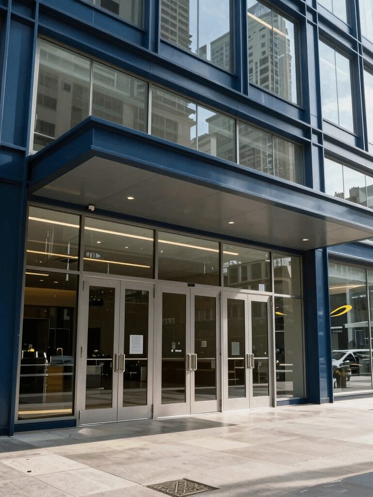 A wide architectural shot of a modern office building entrance with large tempered glass doors and sleek dark blue aluminum frames, sunny day, Hispanic / Latin American urban city center.
