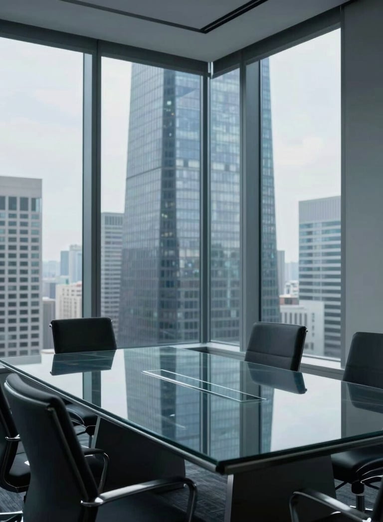 An elegant, high-ceiling corporate boardroom in a North American / US skyscraper, minimalist aesthetic with cool blue and charcoal grey tones, focused on a glass table.