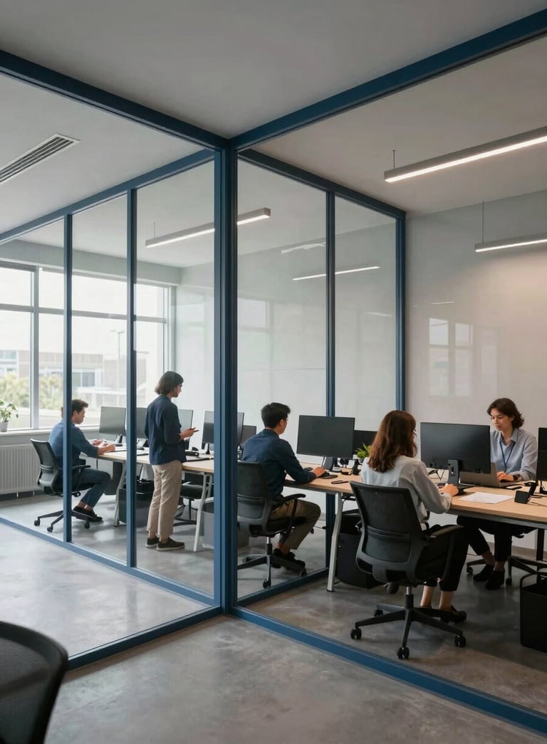 A wide-angle photograph of a contemporary workspace with glass walls, featuring professional team members collaborating in a room with Steel Blue and Cloud Grey decor.