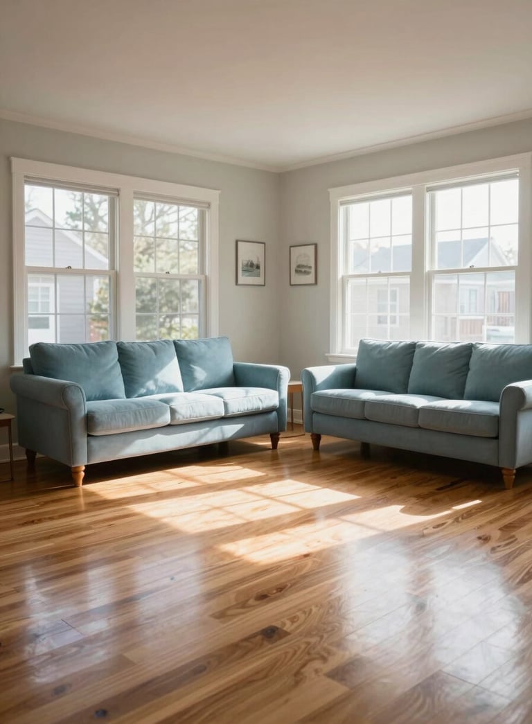 A wide-angle shot of a pristine, sunlit North American living room with polished wood floors, a light blue sofa, and large windows, reflecting a clean and trustworthy home environment.