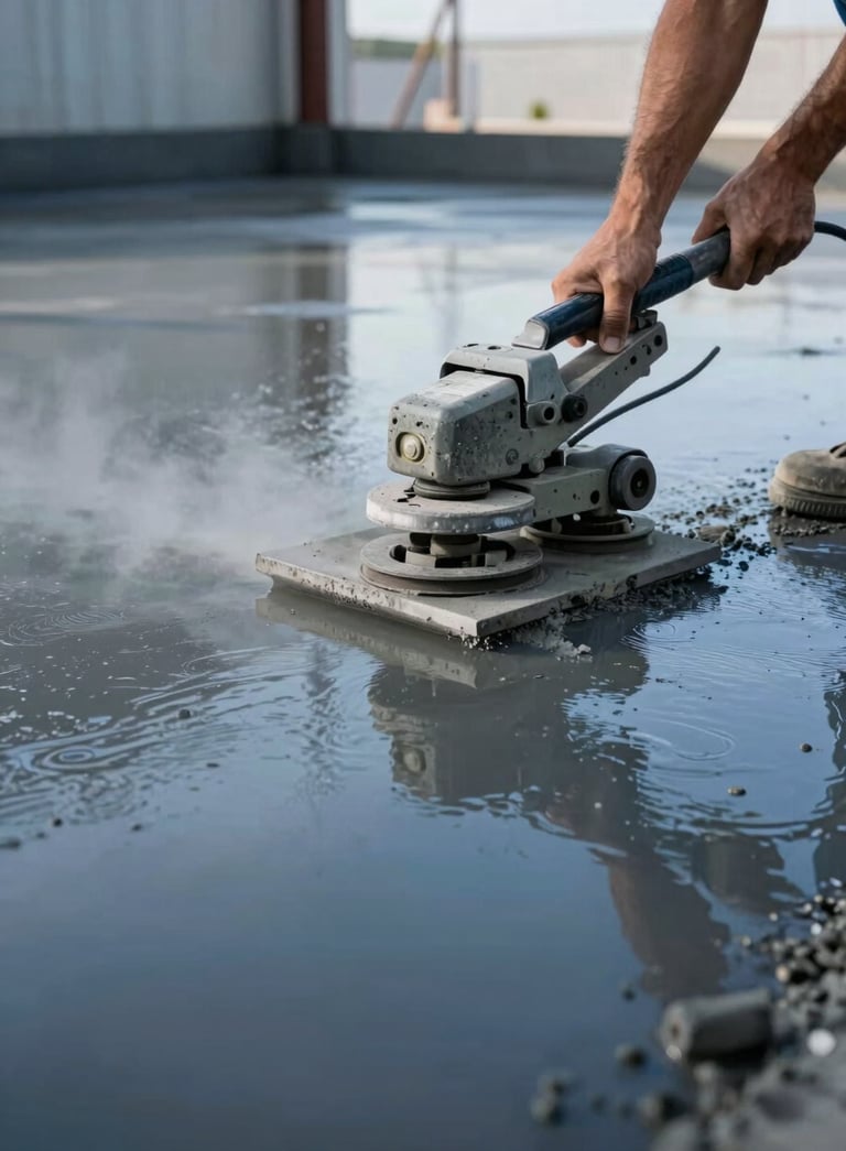 A low-angle action shot of concrete being finished with a power trowel on a large industrial floor. The wet concrete reflects the Soft Mist and Deep Navy Blue tones of the surrounding structure, emphasizing a smooth, mirror-like surface.