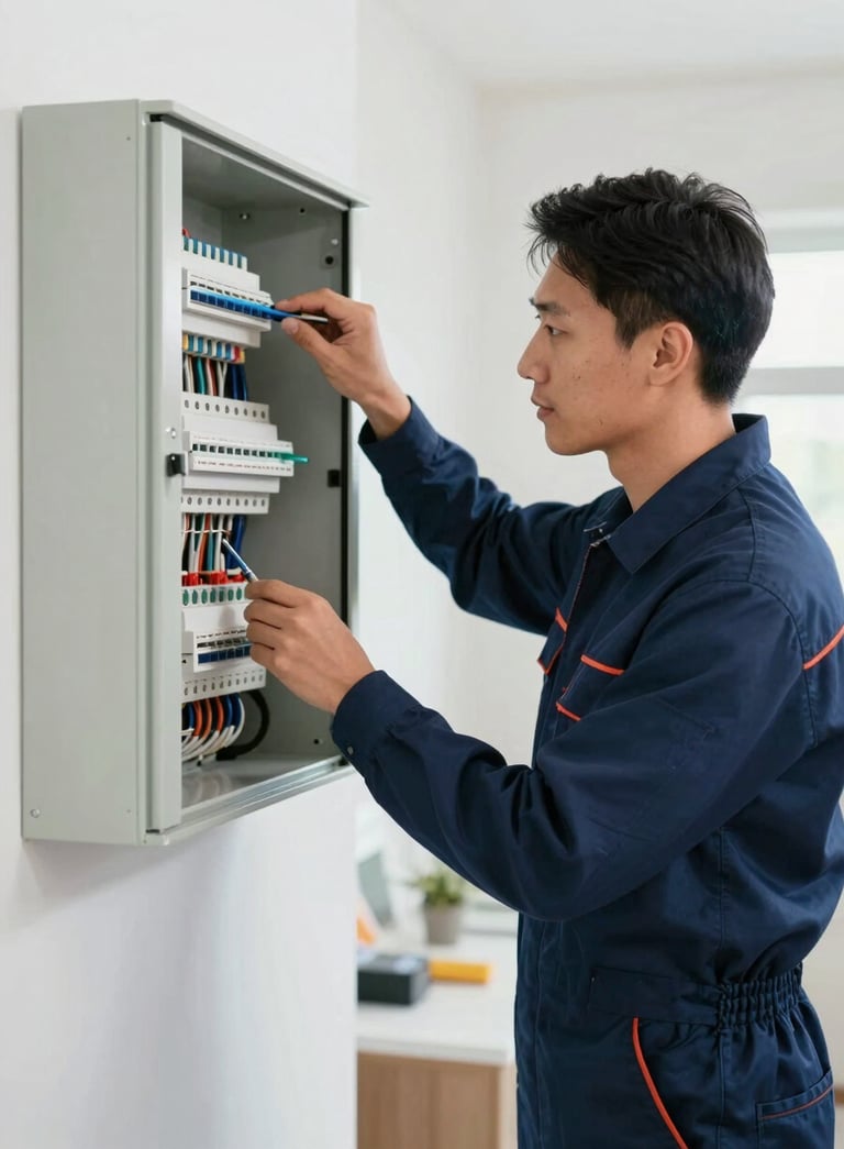 A clean-cut, professional electrician wearing a navy blue #021C30 uniform, carefully inspecting a modern electrical panel in a bright, organized residential space. Professional lighting, trustworthy atmosphere.
