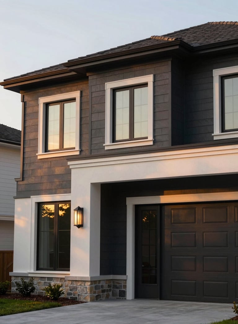 A high-end North American / US residential exterior at sunset, featuring elegant modern architecture with deep charcoal and soft off-white trim.