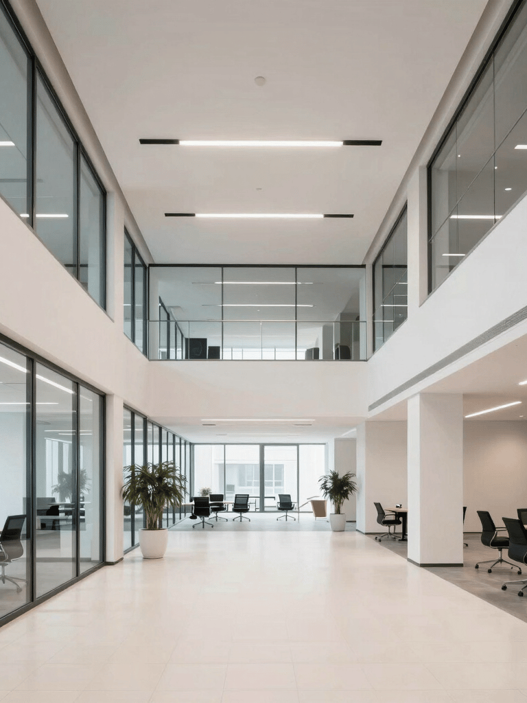 A wide-angle interior shot of a contemporary, minimalist corporate office lobby in Slovakia, with clean lines, glass surfaces, and a professional atmosphere in off-white and navy tones.