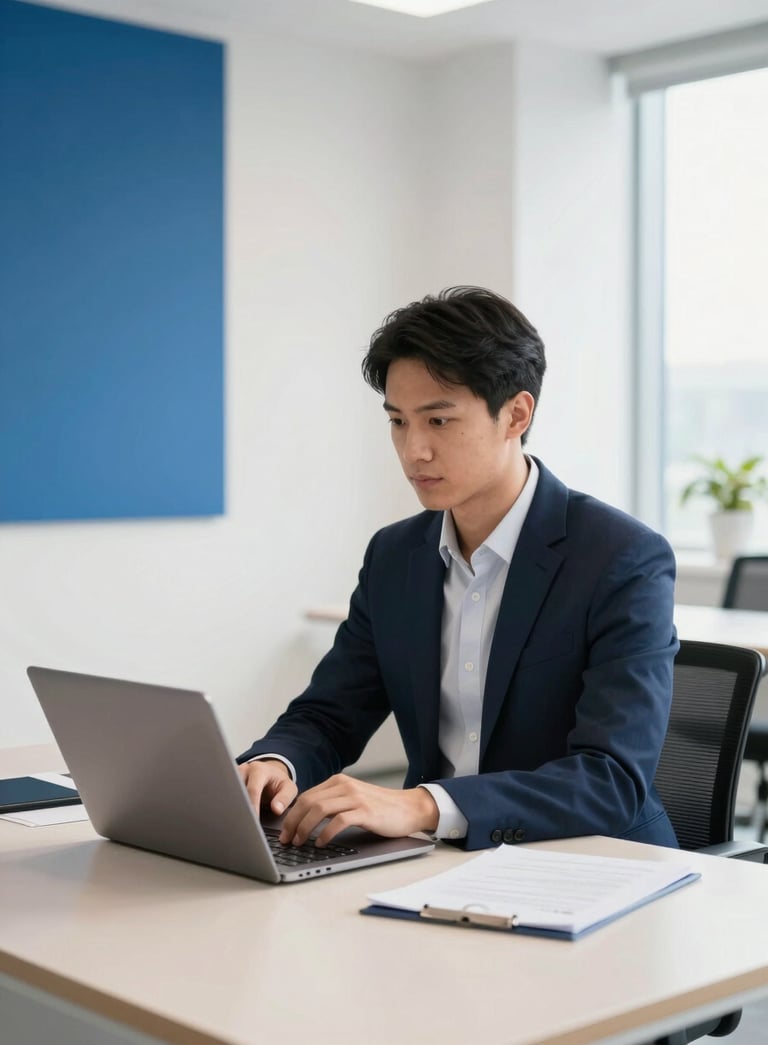 A professional in a bright, modern North American / US office using a laptop on a clean desk, featuring Deep Navy and Steel Blue decor with soft Off-White natural lighting.