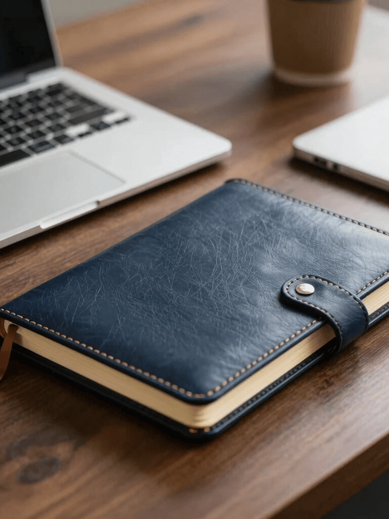 Close-up of a professional desk in a corporate setting in San José, Costa Rica, showing a sleek laptop and a leather notebook. The lighting is elegant with accents of navy blue and golden yellow.