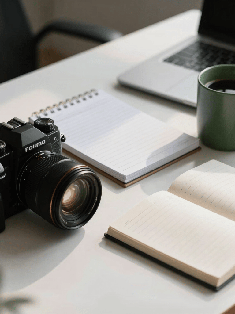A professional agency workspace in a North American setting. A high-end camera, a minimalist planner, and a matte forest green coffee mug sit on a crisp parchment desk surface. Soft sunlight creates a sophisticated and accessible atmosphere.