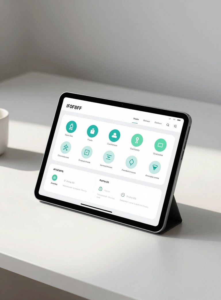 A minimalist workspace featuring a sleek Android tablet displaying a dashboard with clean lines and intuitive icons. The atmosphere is modern and user-centric, incorporating a palette of #F0F8F8 and #2E6C6C. Soft morning sunlight filters across the desk.