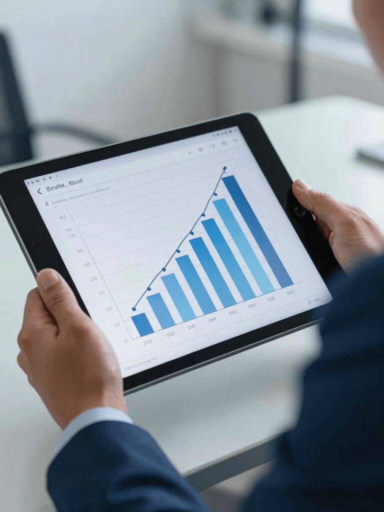 A close-up shot of a professional digital tablet showing growth charts in a modern office, held by a South American / Brazilian consultant in a sharp suit. Deep blue and light blue palette lighting.
