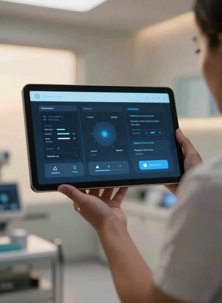 A high-end, minimalist digital interface glowing with soft blue light, held by a professional in a modern Oceanian / Australian medical clinic, warm afternoon lighting, sleek tech feel.