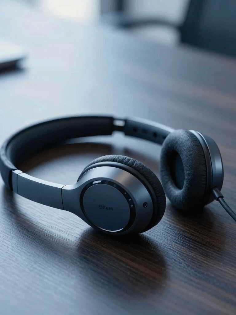 A close-up shot of a modern, sleek wireless headset resting on a dark wood desk in a professional South American office, soft morning light, deep dark blue and soft light blue color palette.