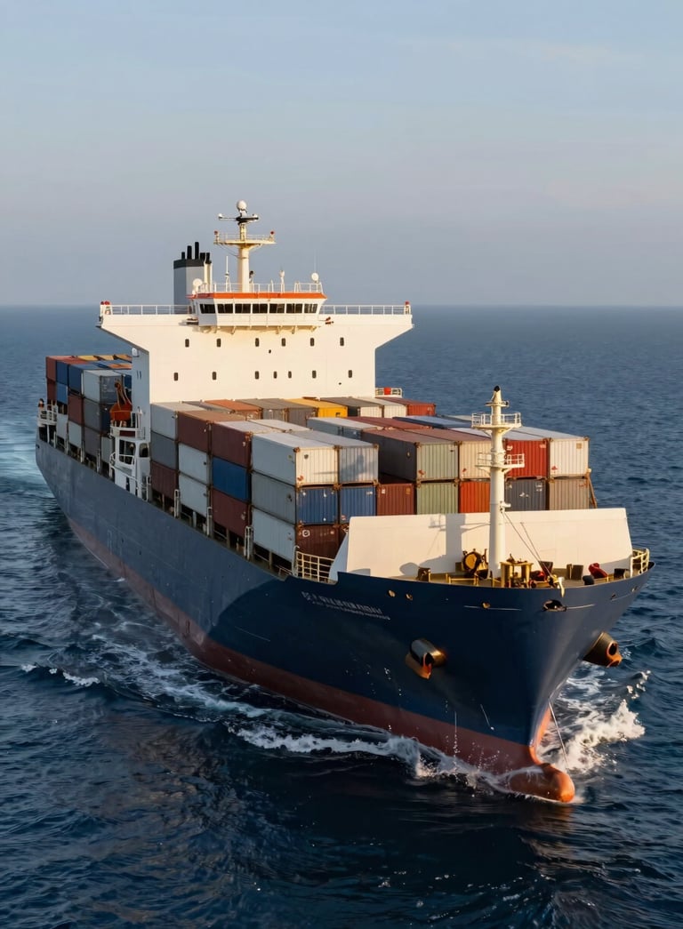 A high-angle professional photograph of a massive container ship crossing the deep blue ocean during golden hour. International / Global setting. Sophisticated lighting, sharp focus on the vessel's scale, colors including dark slate grey-blue and crisp off-white.