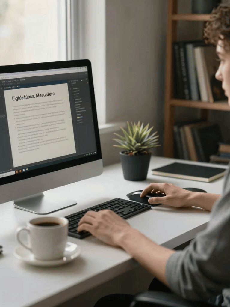 A sophisticated North American home office scene with soft morning light, featuring a modern workstation and a coffee mug, creating an atmosphere of focused digital learning.