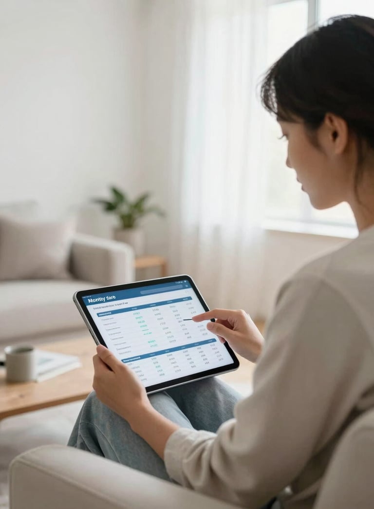 A professional photography shot of a person sitting in a bright, modern living room with mist white walls, calmly using a digital tablet to manage their monthly finances. The room is airy and organized, reflecting a sense of reliability and trust.