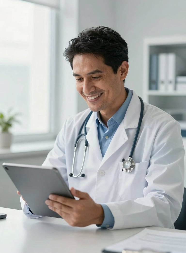 A professional South American male doctor in a modern bright medical office, smiling warmly while looking at a tablet, soft natural morning light, clean professional atmosphere, off-white and medium blue accents.