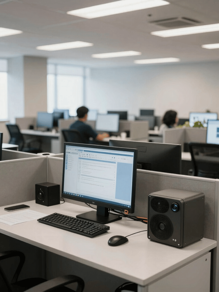 Clean, high-end telecommunications office environment in Brazil, wide angle shot, blurred background showing organized workstations under natural light, professional and calm atmosphere.