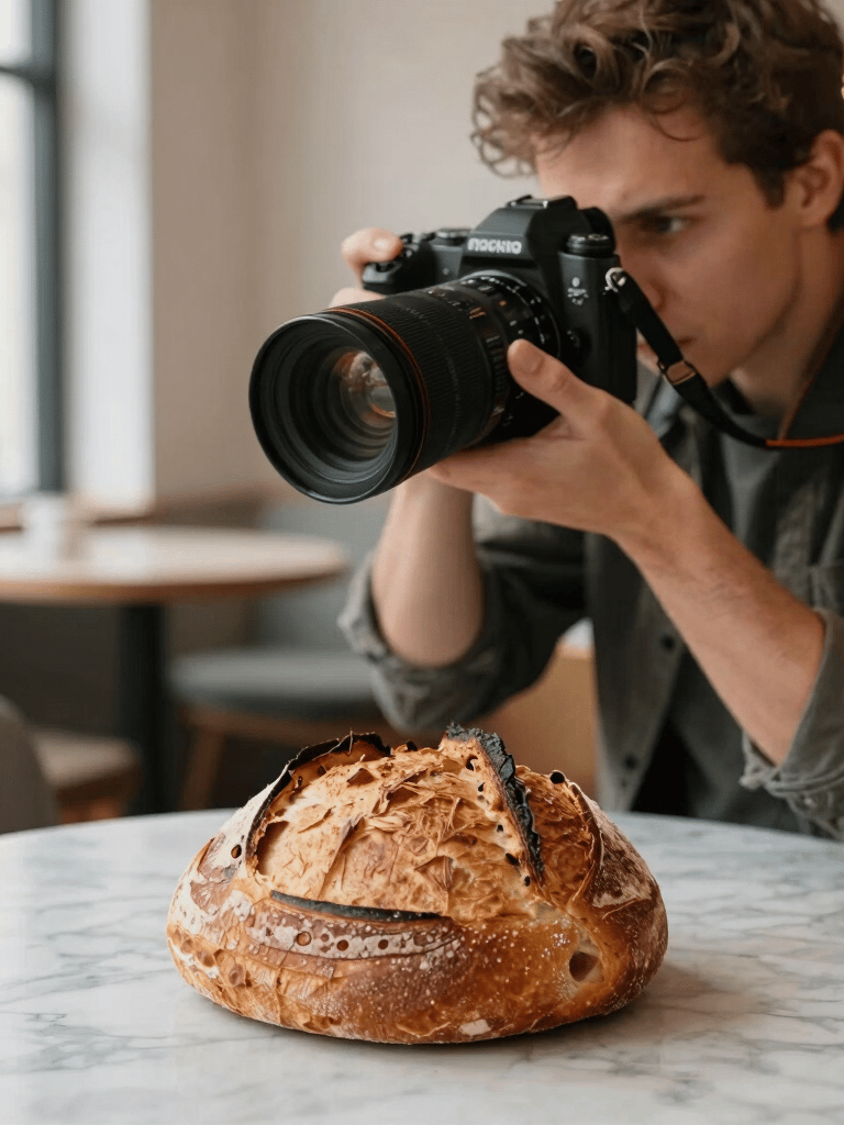 A professional photographer in a Scandinavian-style cafe using a high-end camera to shoot a fresh sourdough loaf on a marble table, warm natural light, Western European / North American.