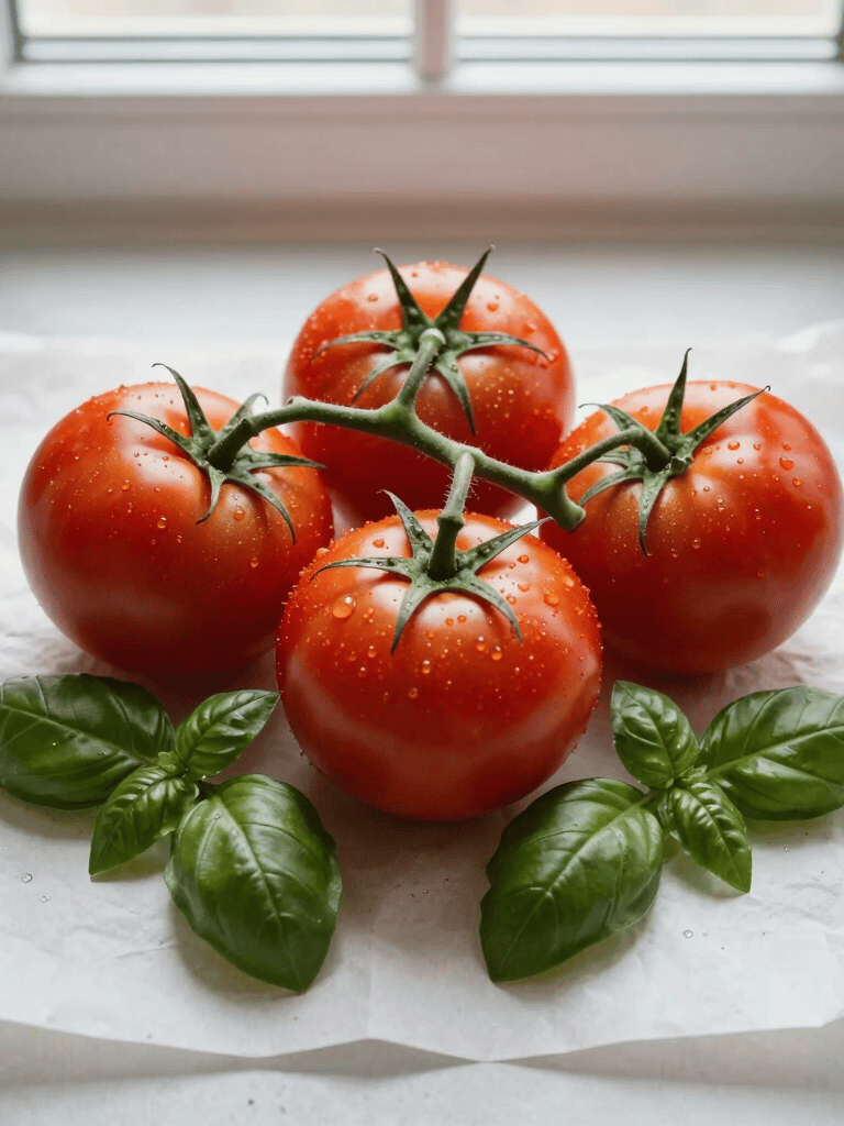 A top-down shot of vibrant vine-ripened tomatoes and fresh basil on a crisp parchment paper surface, soft natural window light, clean Scandinavian aesthetic, North American / European kitchen setting.