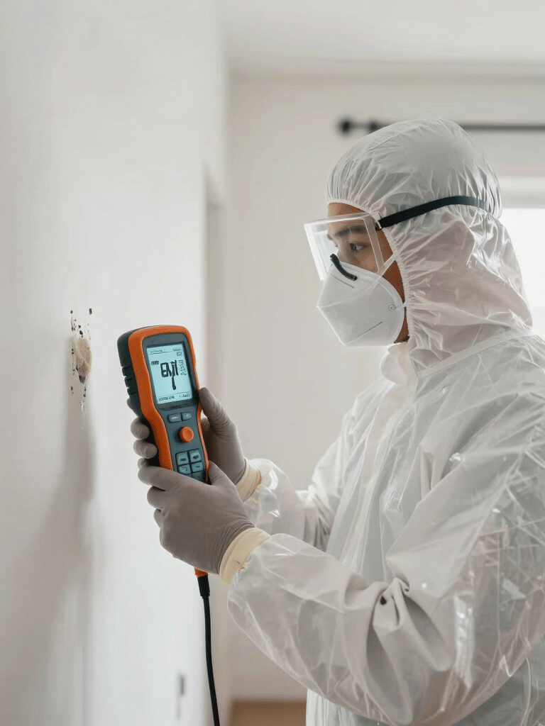 A professional mold remediation specialist in North American / US (Florida), wearing white protective PPE suit and mask, holding a professional moisture meter against a wall in a clean, modern home interior. Bright, natural lighting.