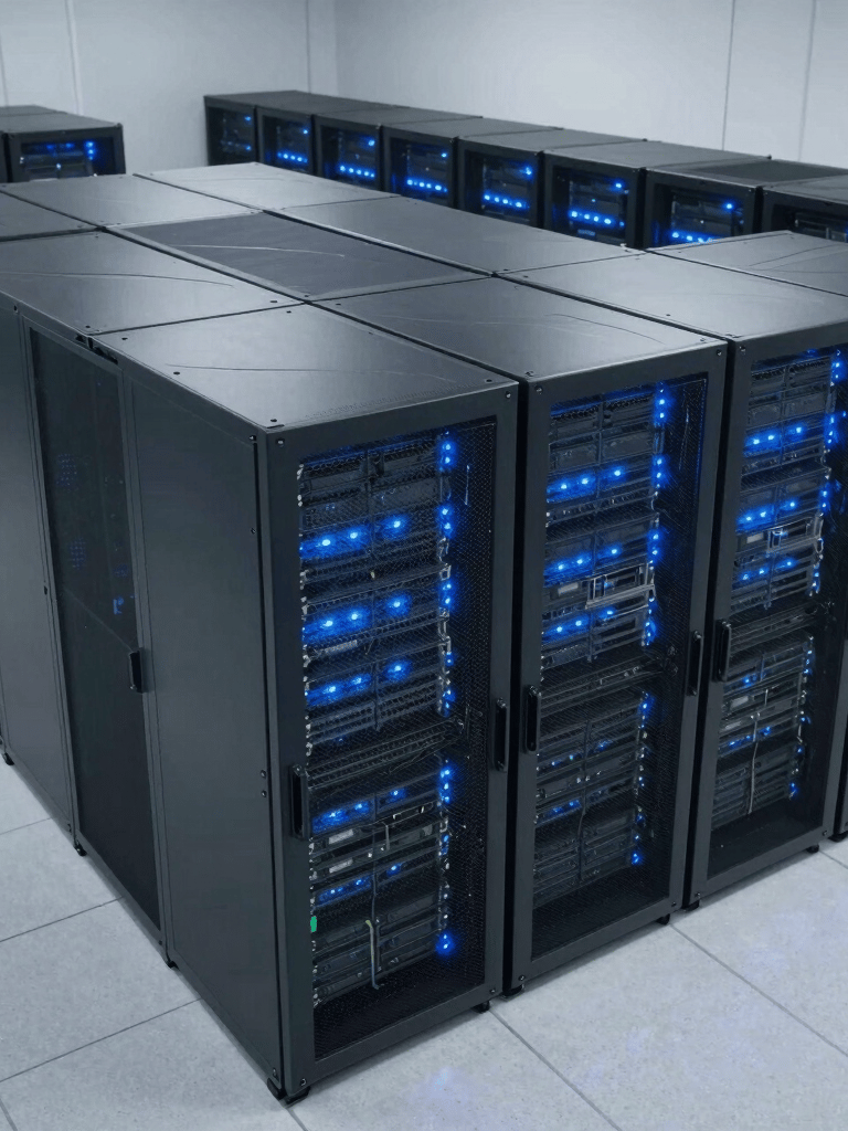 A high-angle, wide shot of a modern, clean data center in the US, featuring sleek server racks with glowing blue lights, showcasing professional and innovative technology.