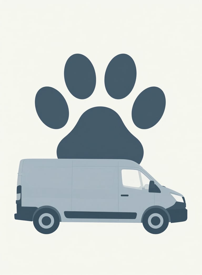 A clean, professional graphic illustration of a transport van silhouette combined with a paw print icon, using a palette of #4F6B7C and #A7BCC9 on a soft #F8FBFD background, symbolizing reliable logistics and animal care.