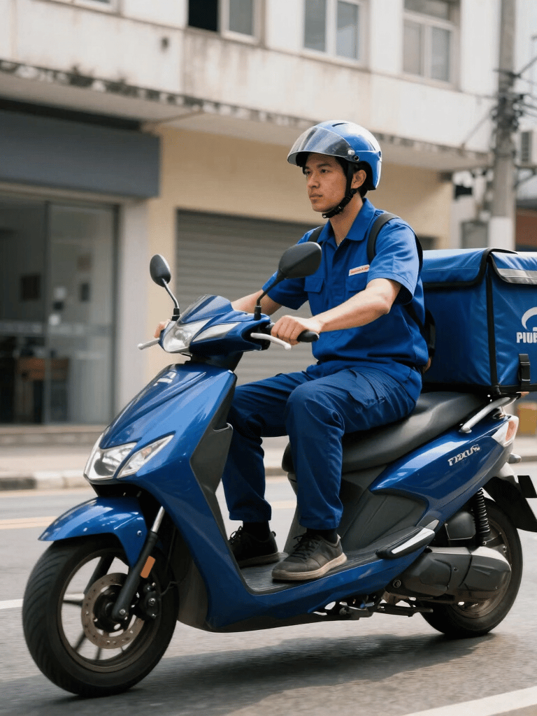 A professional courier on a modern delivery scooter, wearing a deep blue uniform, navigating a clean urban street with Brazilian architecture, bright daylight, crisp focus.