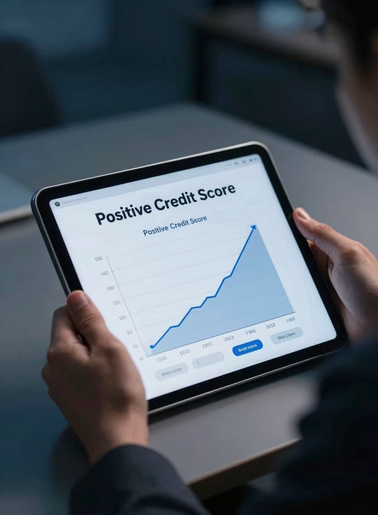 A close-up of a digital tablet showing a positive credit score growth chart, held by a person in a professional office setting with deep midnight blue and soft steel blue highlights.