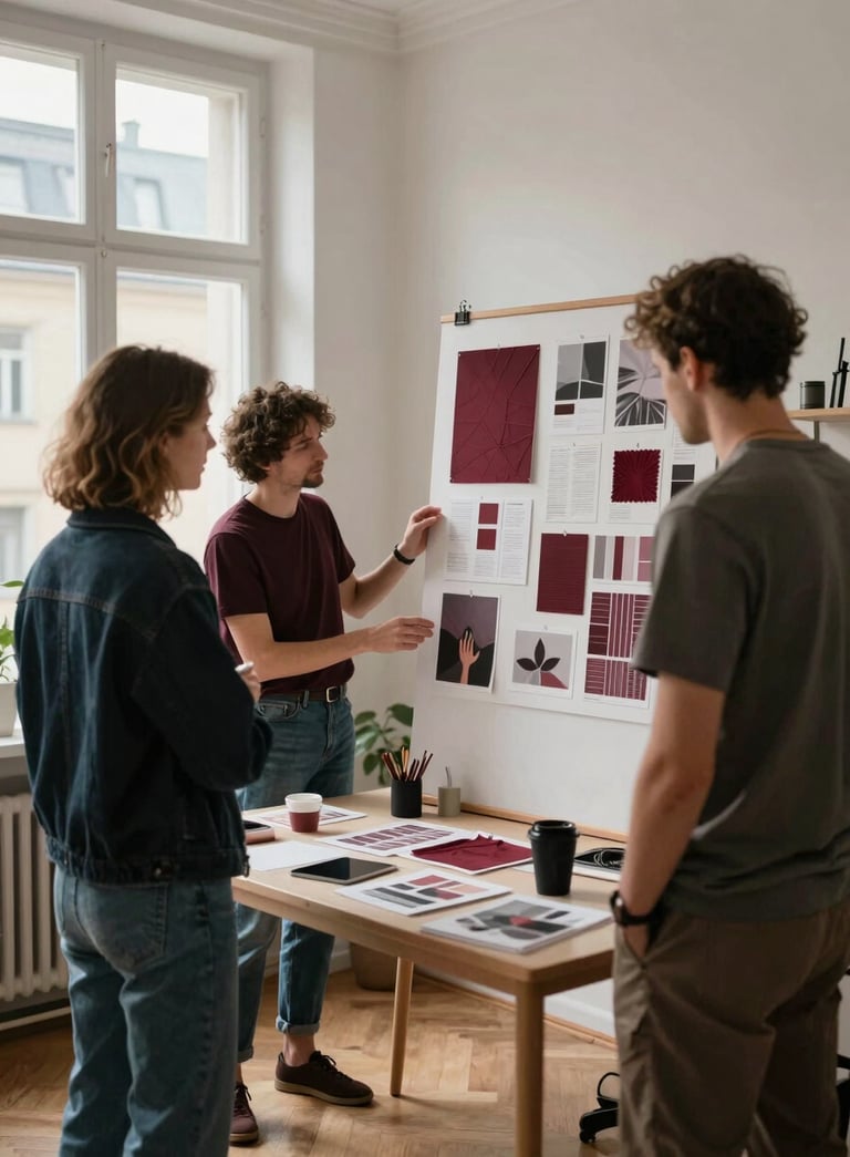 Behind-the-scenes photography of a creative team planning a social media shoot in a cozy, Scandinavian-style studio in a Western European city. They are looking at a mood board with Deep Ripe Crimson accents. Soft, natural morning light.