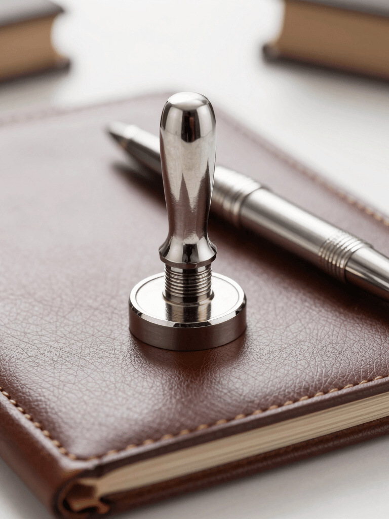 A close-up of a silver legal seal or an elegant fountain pen resting on a leather-bound folder in a European legal setting, soft focus, bright and professional white lighting.