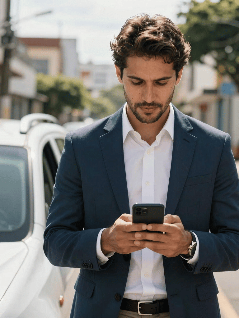 A confident person in business casual attire standing by a vehicle on a bright Brazilian street, looking at a smartphone, professional and approachable mood.