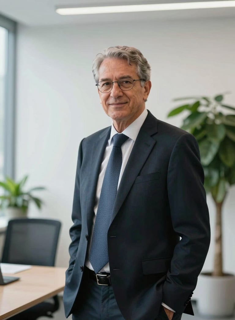 A candid photograph of a senior executive in a world-class North American / European corporate office. The setting is modern and professional, with a soft blur on the crisp parchment white walls and matte forest green plants.