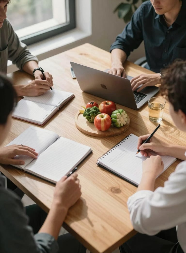 A top-down view of a content planning session in a bright, Scandinavian-style North American / US office. A clean wooden table holds notebooks, a laptop, and fresh ingredients. Natural window light casting soft shadows, professional and clean aesthetic.