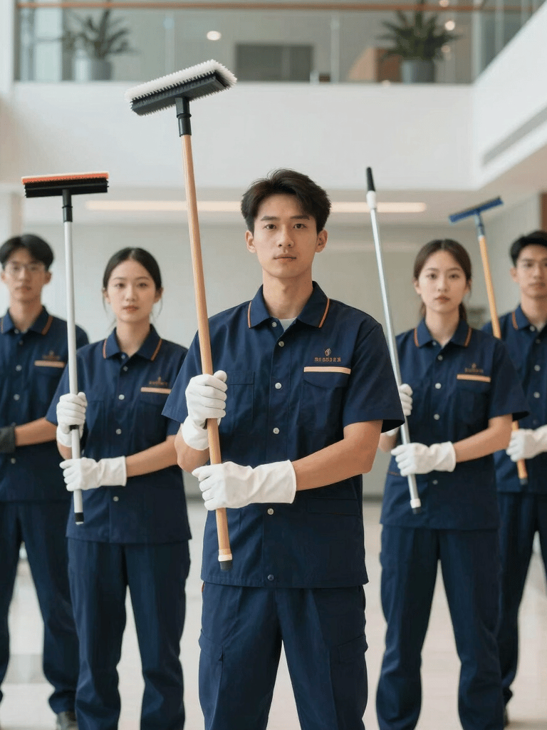 Professional photography of a team of cleaners in navy blue uniforms standing in a bright, modern corporate office lobby in the US, holding high-quality cleaning equipment, looking professional and reliable.