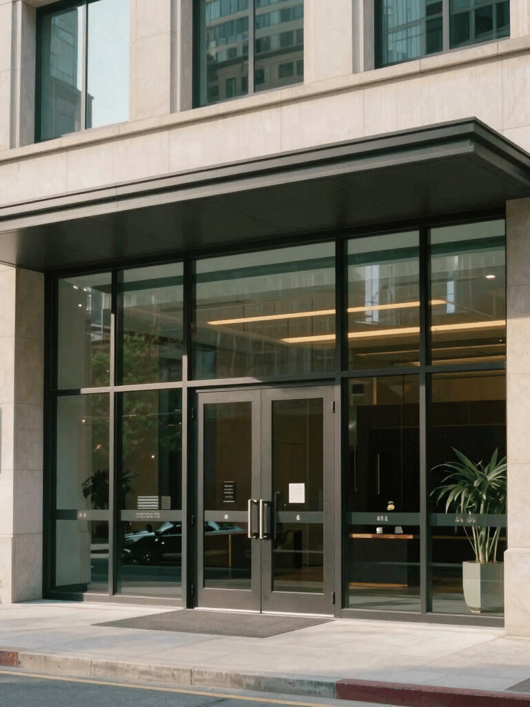 A modern corporate headquarters entrance in a North American business district. Large double glass doors, polished stone facade, soft daylight filtering through, clean professional atmosphere using off-white and deep green tones.