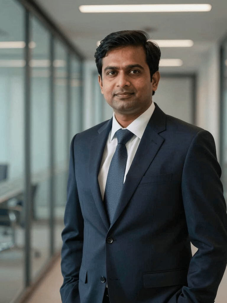 A sharp, professional portrait of a South Asian / Indian consultant in a dark navy suit, standing in a sophisticated Bangalore office corridor with glass partitions and soft lighting. The composition conveys trust and expertise, with a subtle steel blue color palette in the background.