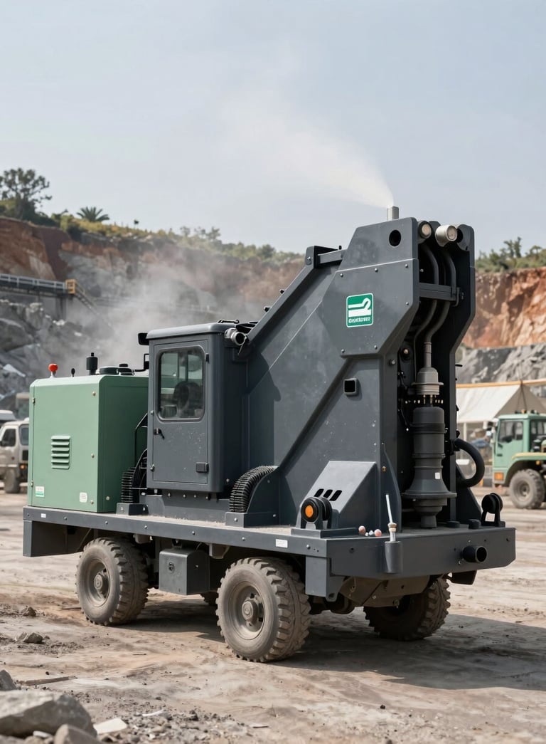 A powerful mobile stone crusher in a South African quarry, dark slate gray industrial design with sage green branding, dust suppression systems active, bright daylight.