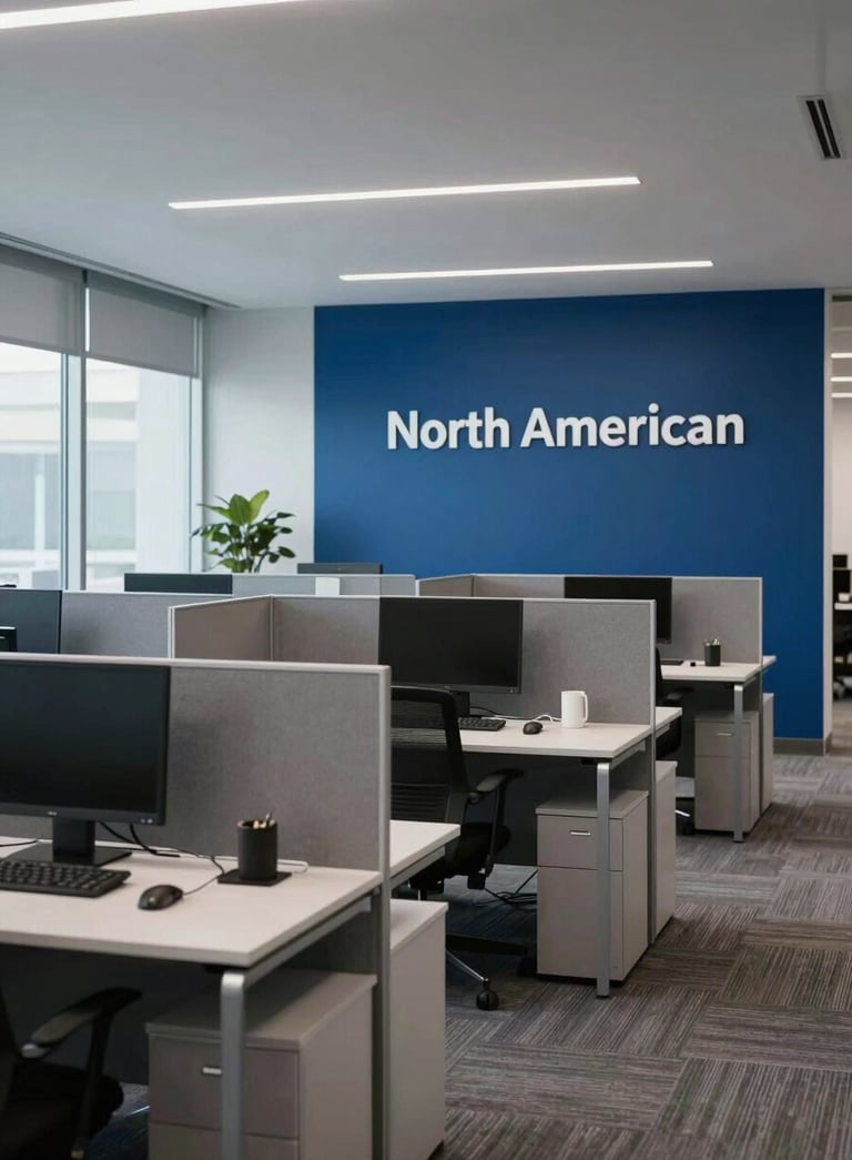 A wide shot of a modern North American advertising agency office, dynamic environment with sleek workstations, large glass partitions, and a palette of grey and deep blue.