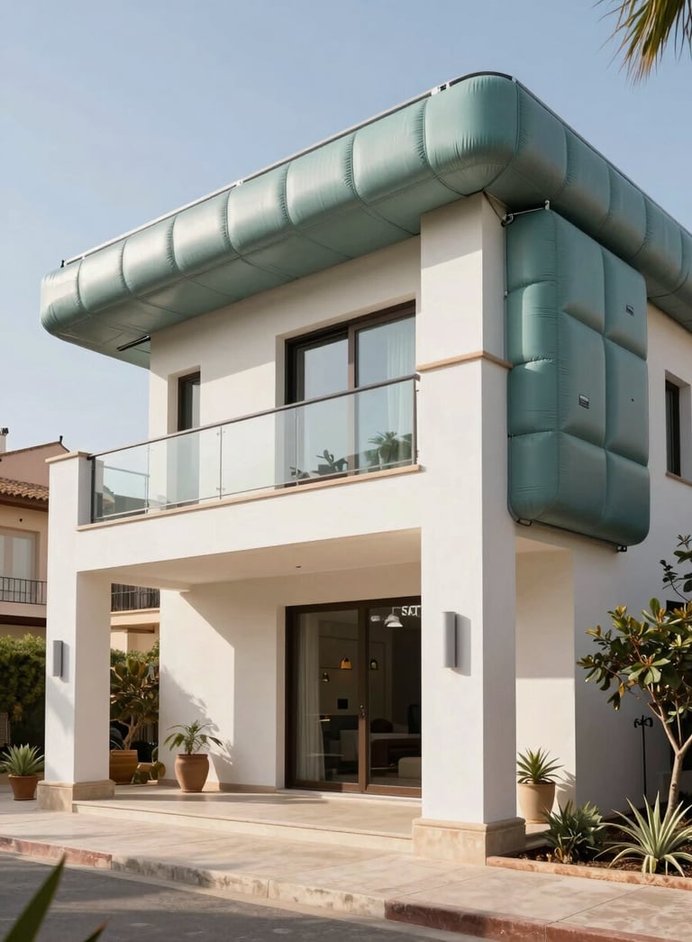 A professional wide-angle shot of a modern Spanish villa with a newly installed SATE exterior insulation system. The architecture is clean and sophisticated with off-white and muted teal accents. The scene is bright and highlights environmental efficiency in a Southern European urban setting.