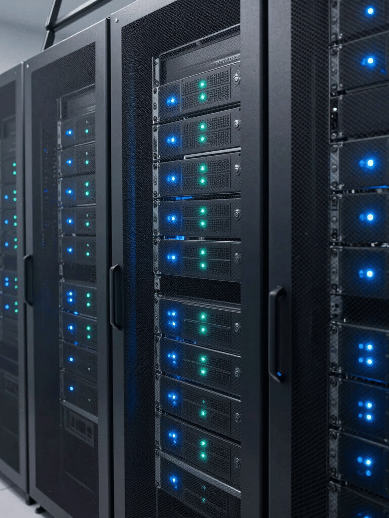 Professional European server room with high-end racks, glowing Soft Blue and Emerald Teal indicator lights, clean minimalist lines, sharp focus on technical infrastructure, conveying unwavering security.