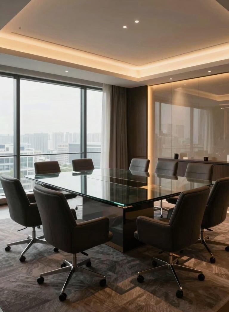 A wide, high-angle shot of a sophisticated modern boardroom with deep charcoal furniture, a glass table reflecting soft gold overhead lights, and large windows.