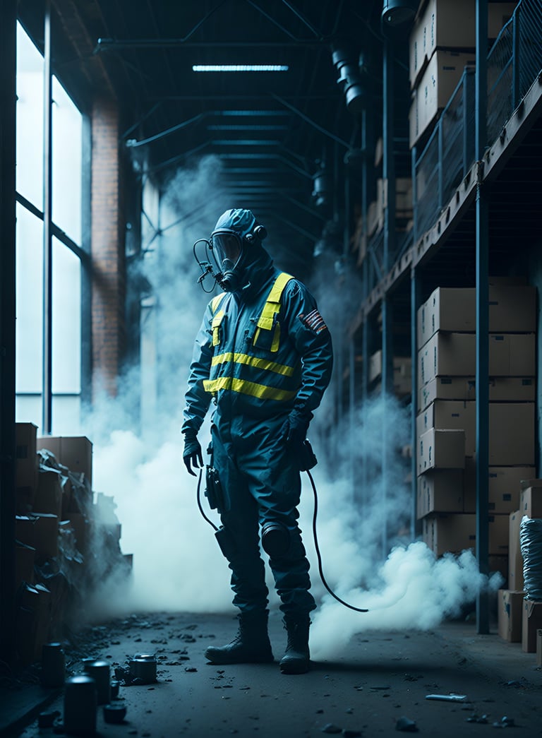 un técnico en control de plagas en bodega termonebulizando
