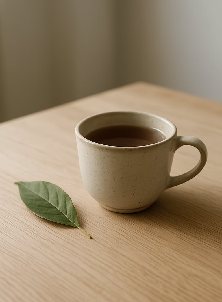 A minimalist and serene close-up of a ceramic cup of tea on a light wooden table, with a soft green leaf resting beside it, Central European interior style, soft daylight, focusing on a sense of grounded wisdom.