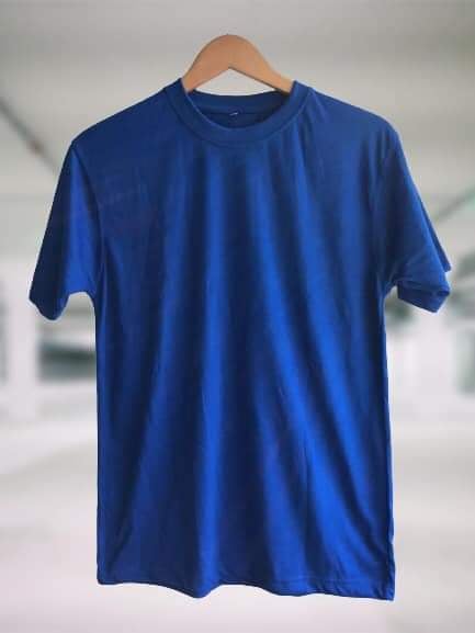 a plain navy blue t-shirt displayed on a hanger