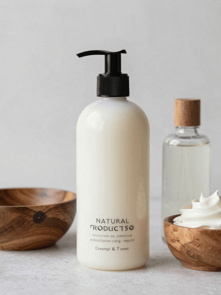 A serene spa setting with natural skincare products and green plants.