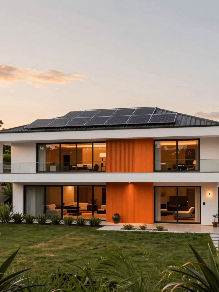 A premium South American modern house with solar panels on the roof, lush green garden, warm sunset lighting, high-end architecture, orange and white tones.