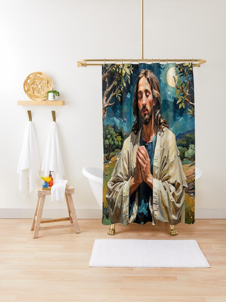 a shower curtain with a painting of jesus