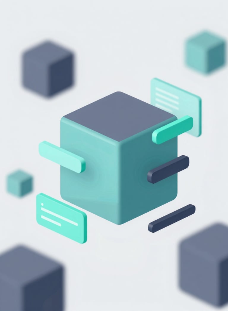 A high-tech abstract 3D composition with geometric shapes and floating digital interface elements in #0D1B2A and #6C8CA3, clean and innovative lighting.