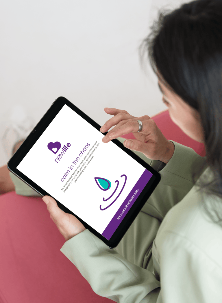 a woman holding a tablet reading her calm in the chaos guide