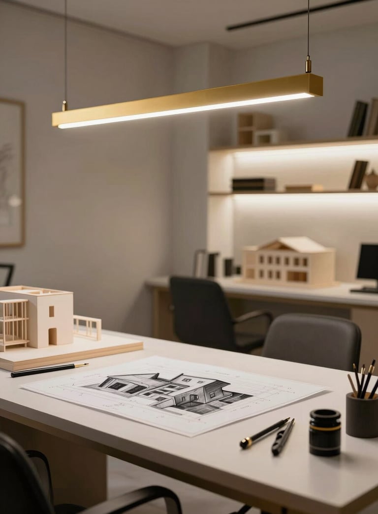 A minimalist and professional interior design studio workspace in Islamabad, featuring architectural models, charcoal-colored drafting tools, and elegant gold lighting.