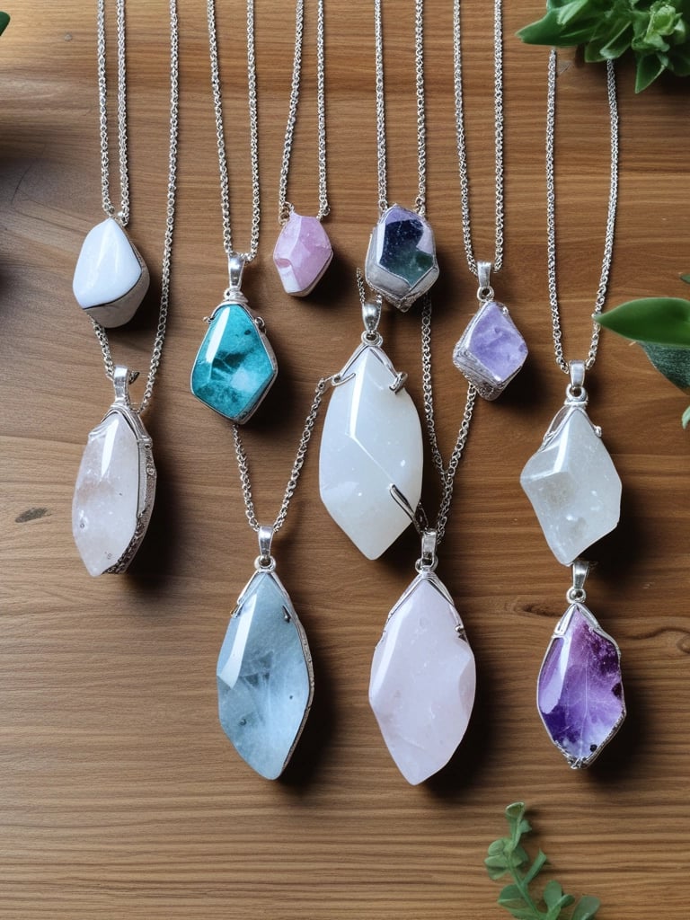 una mesa con joyeria de plata y cuarzos